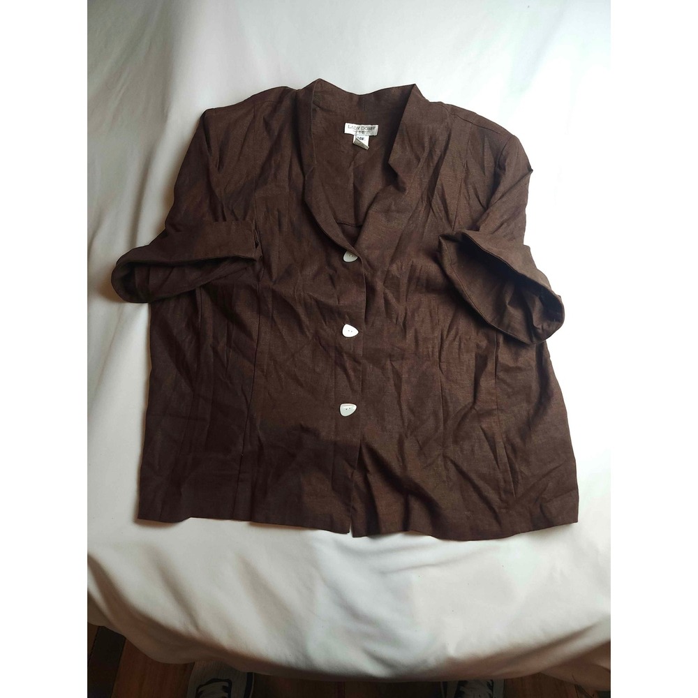 Lady Dorby Brown Linen Blend Short Sleeve Button Up Blouse Plus Size 24W